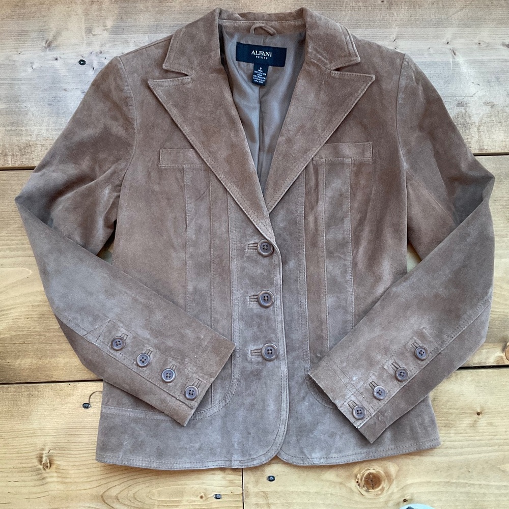 SALE ‼️VINTAGE ALFANI 1990s CHOC BROWN SUEDE LEATHER FITTED LINED BLAZER JACKET